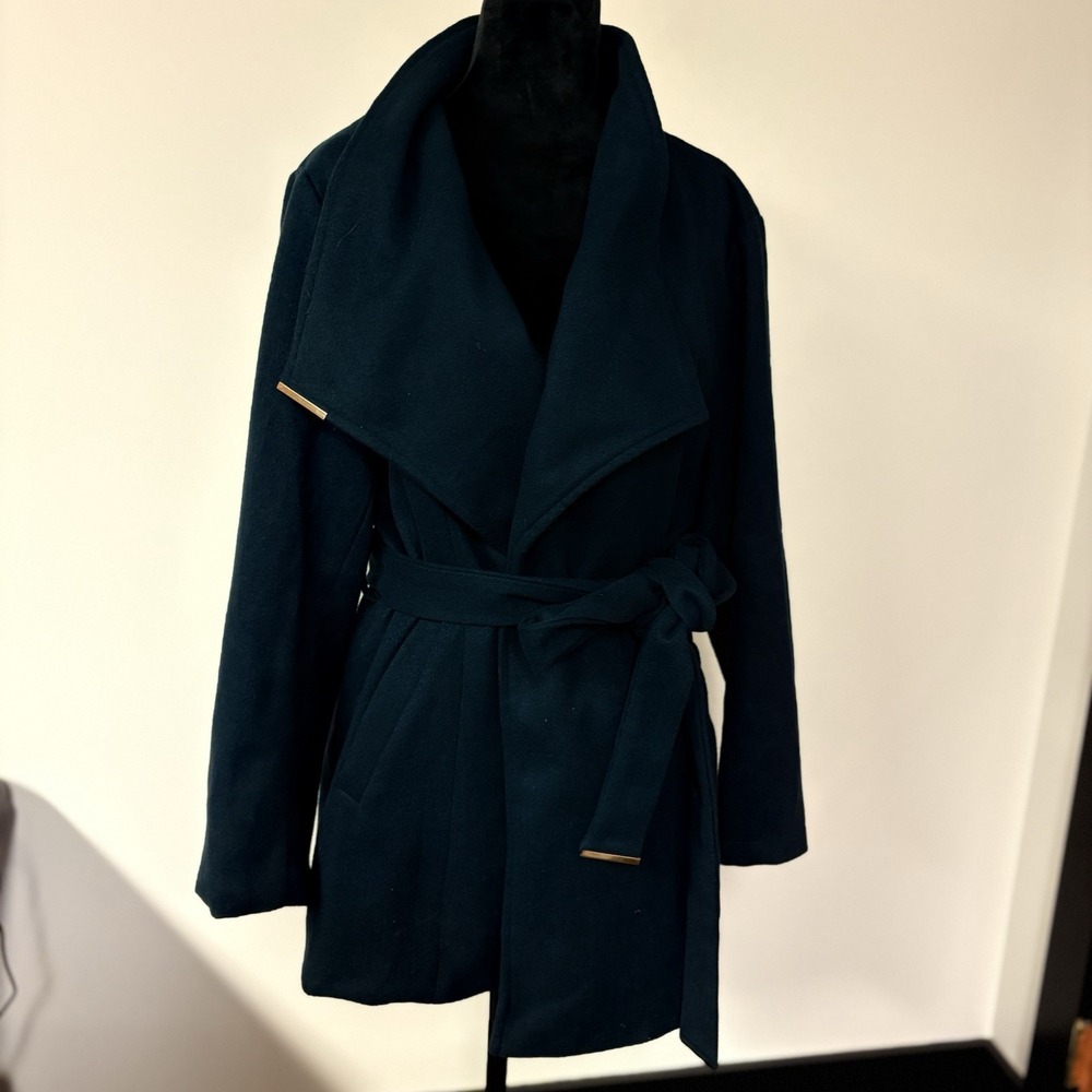 BloomChic Women's Belted Wrap Coat Size 14-16 Teal Open Front Waterfall Collar